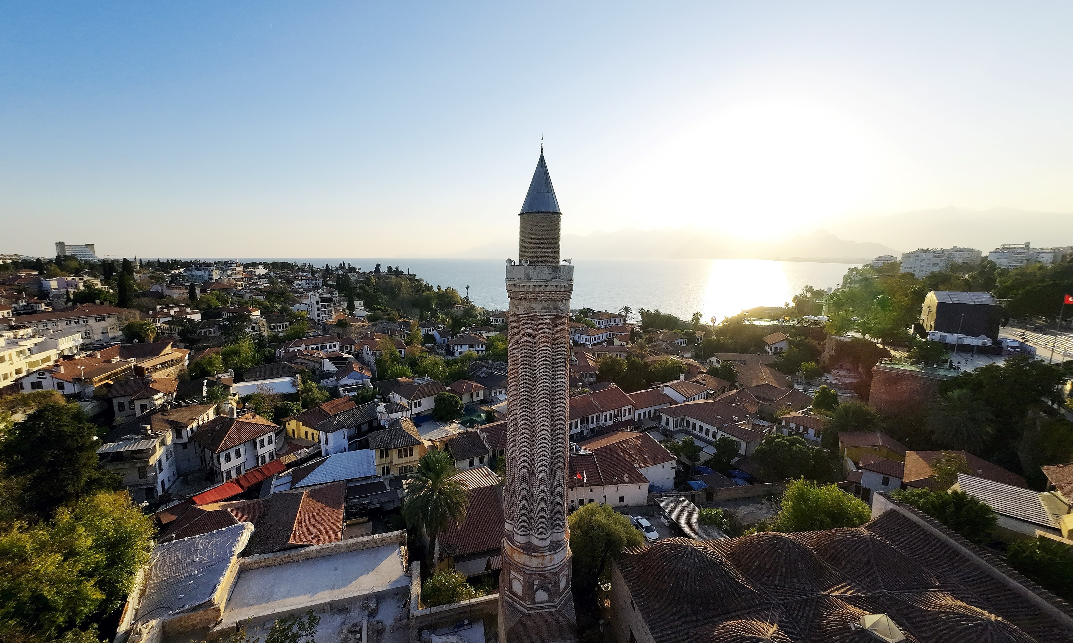 Antalya Yivli Minaret, marina, sunset in the Mediterranean, Taurus Mountains, Antalya Clock Tower, historical and touristic places of Antalya city center