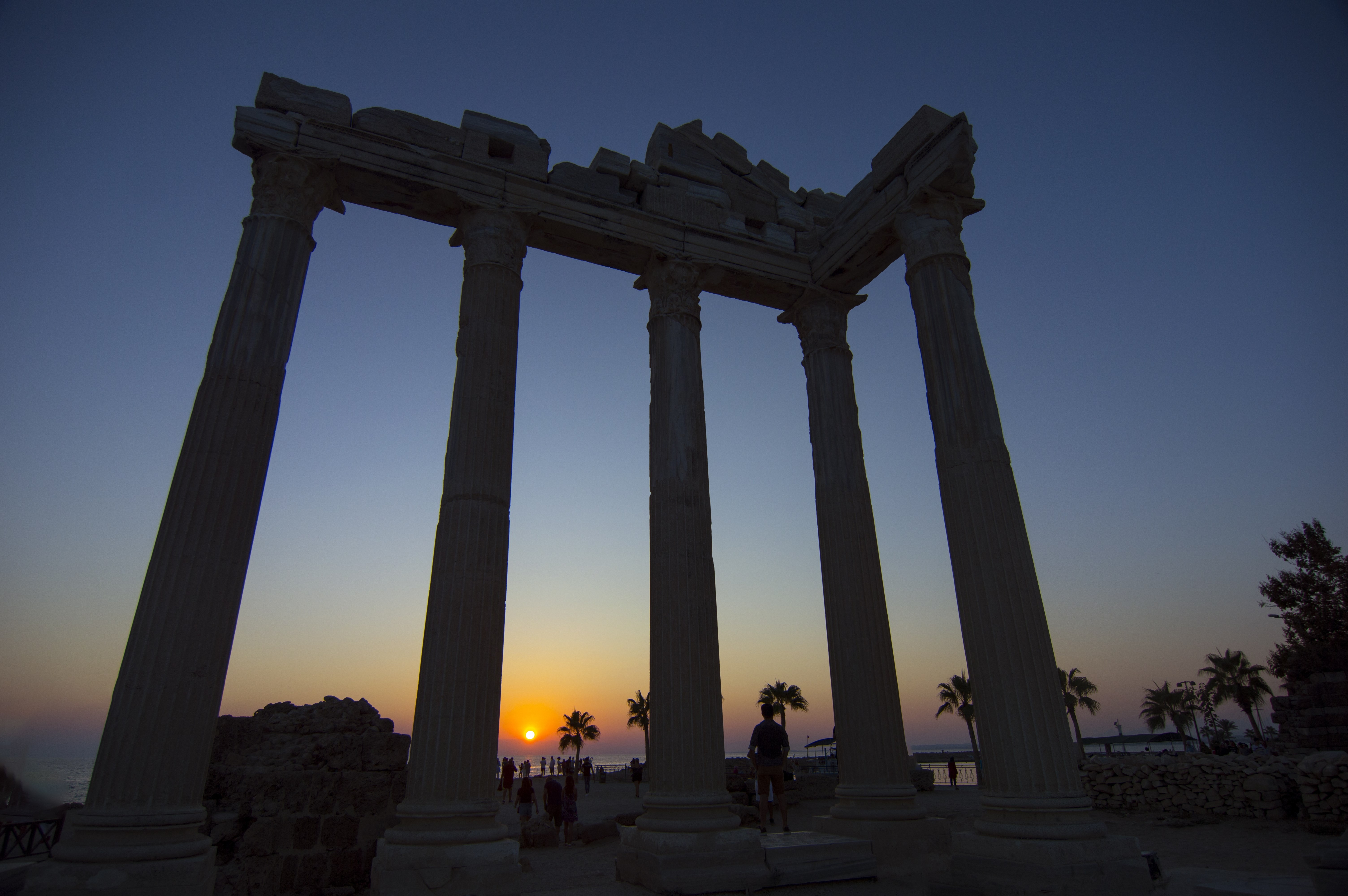 Temple of Apollo with a beautiful sunset background, in Side, Antalya, Turkey.