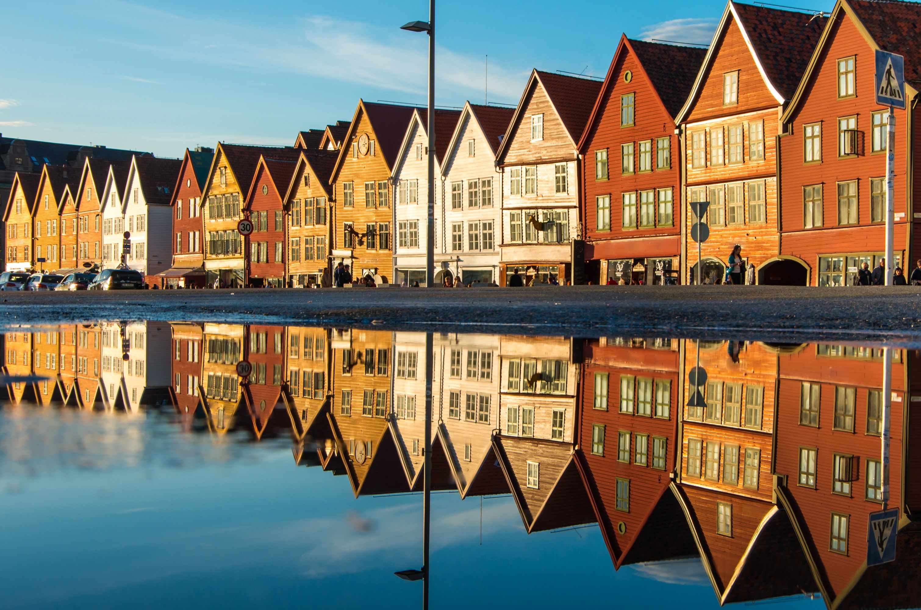 Famous Bryggen street with wooden colored houses in Bergen, Norway, UNESCO world heritage cite - architecture background