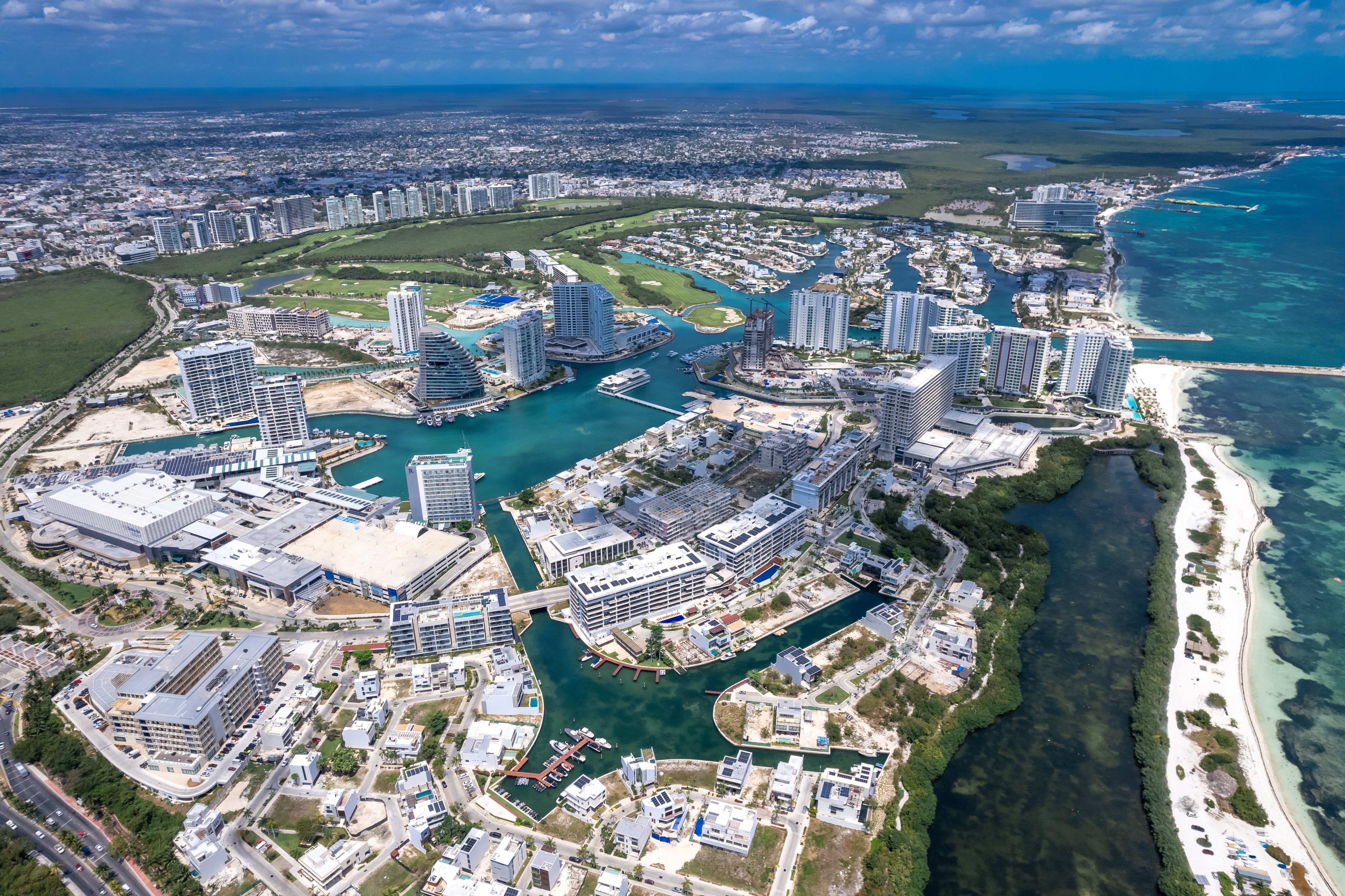 Drone view of Puerto Cancun, Mexico