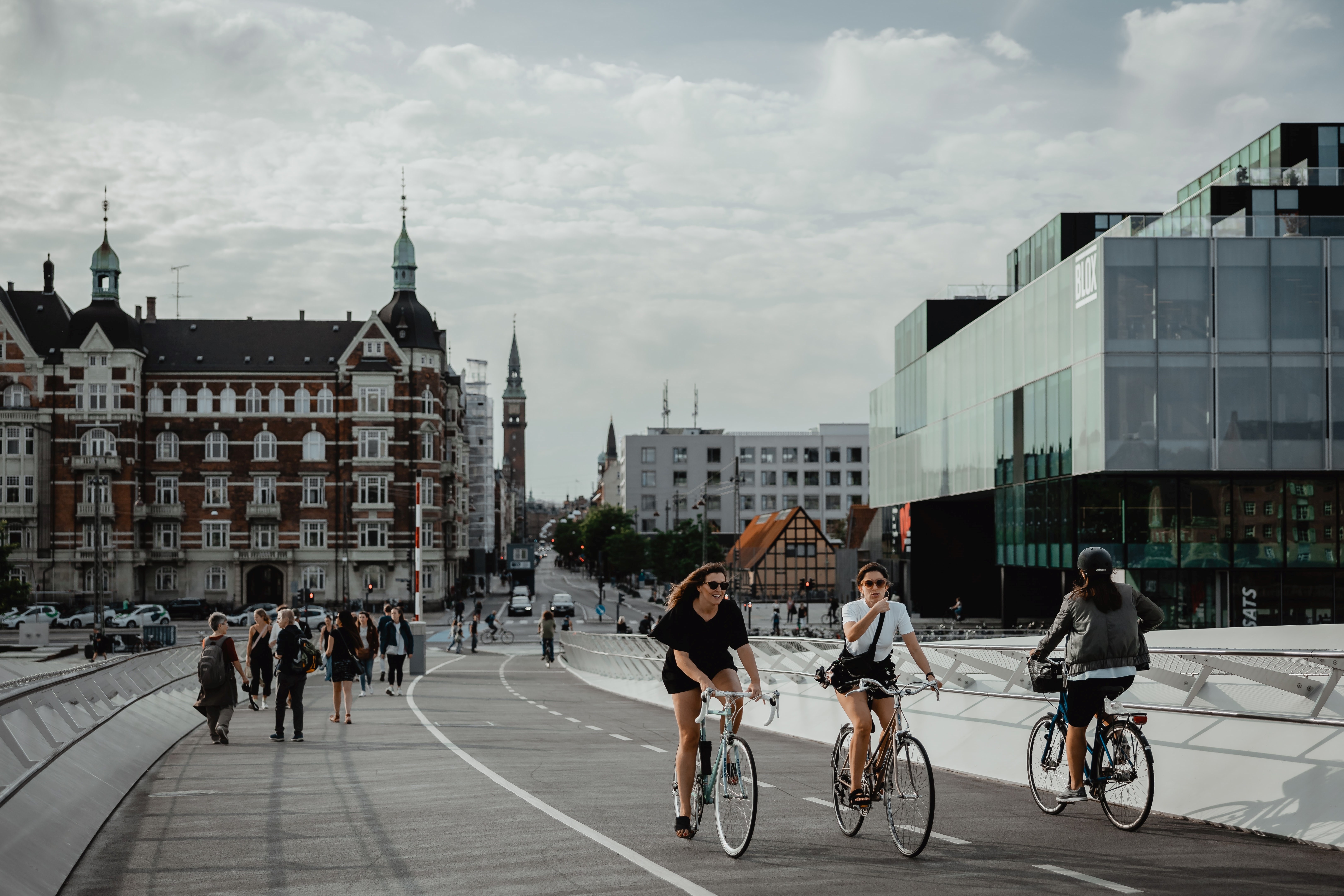 People ride their bikes in Copenhagen, Denmark