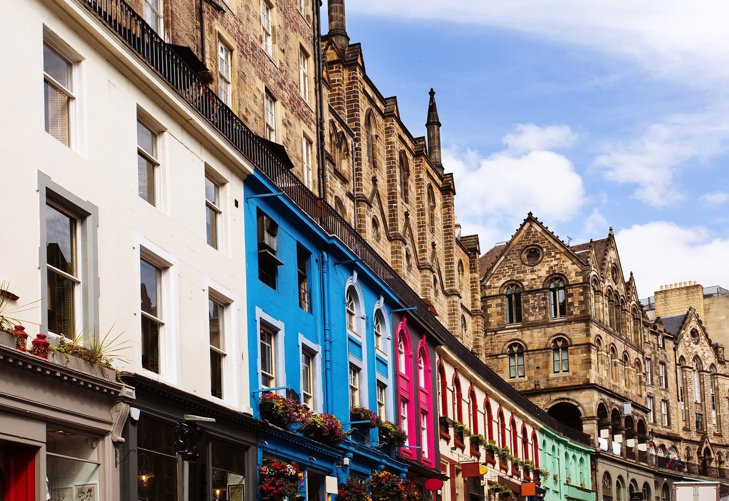 Colourful buildings in Victoria Street, Old Town Edinburgh, Scotland.