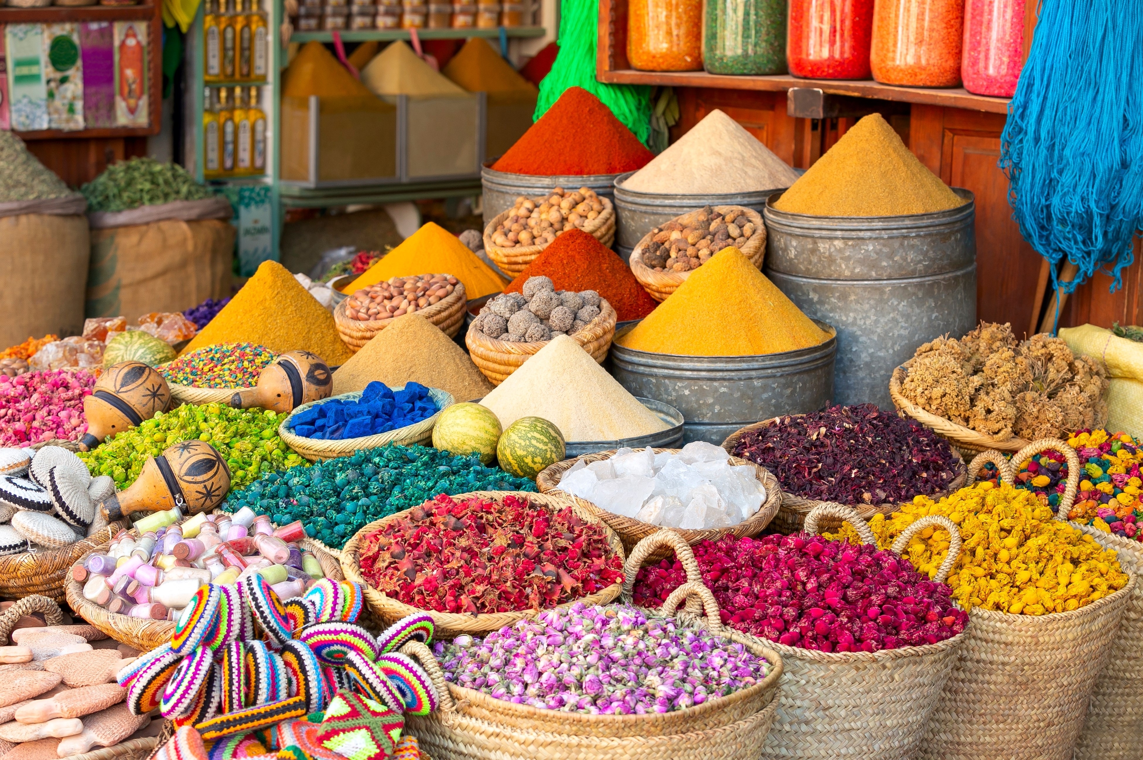 Colouful spices and dyes found at souk market in Marrakesh, Morocco.