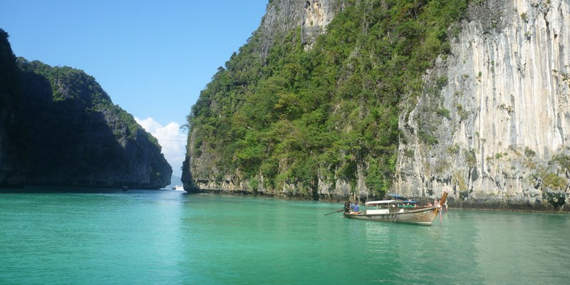 Travel vacation background - Tropical island with resorts - Phi-Phi island, Krabi Province, Thailand