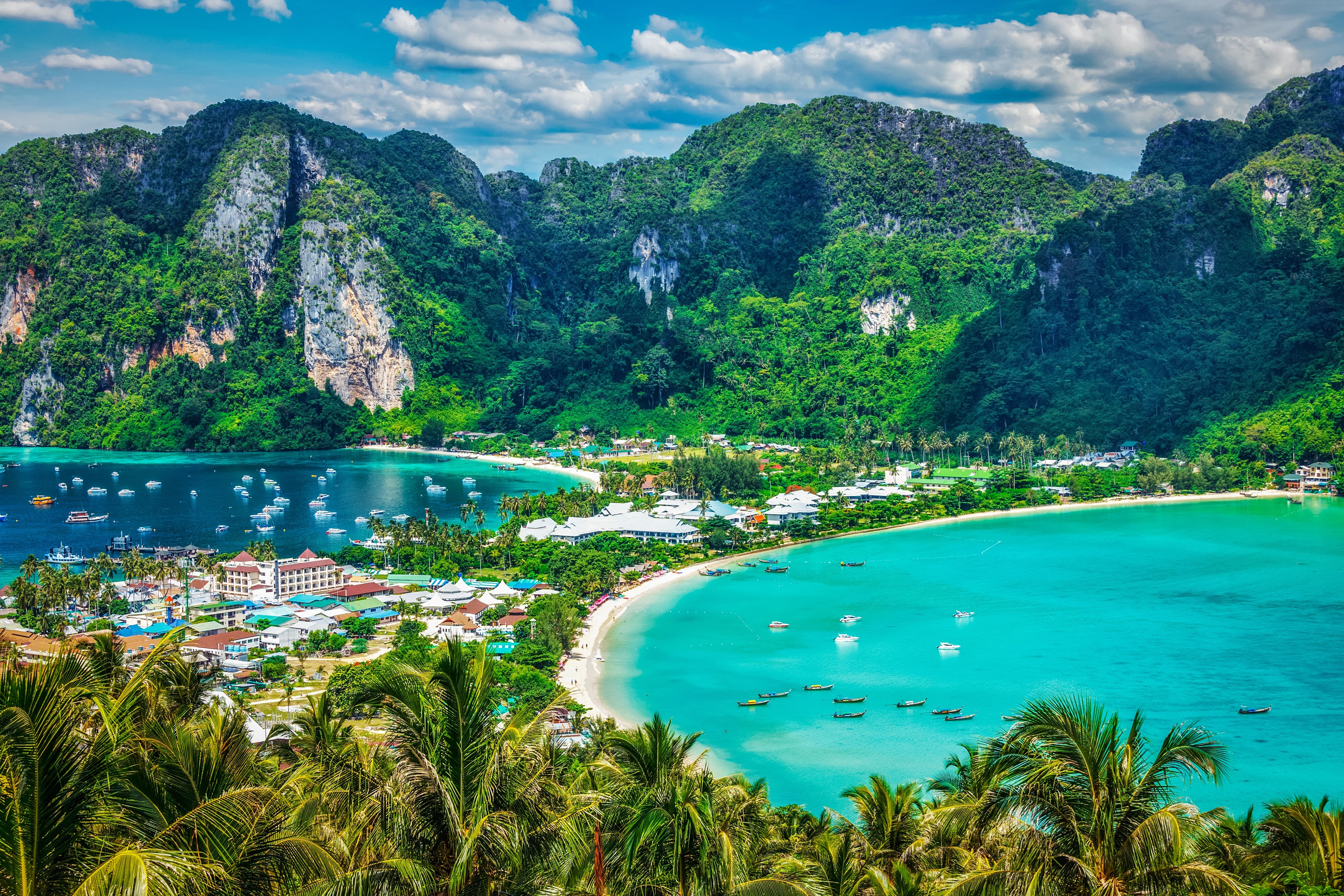 Travel vacation background - Tropical island with resorts - Phi-Phi island, Krabi Province, Thailand