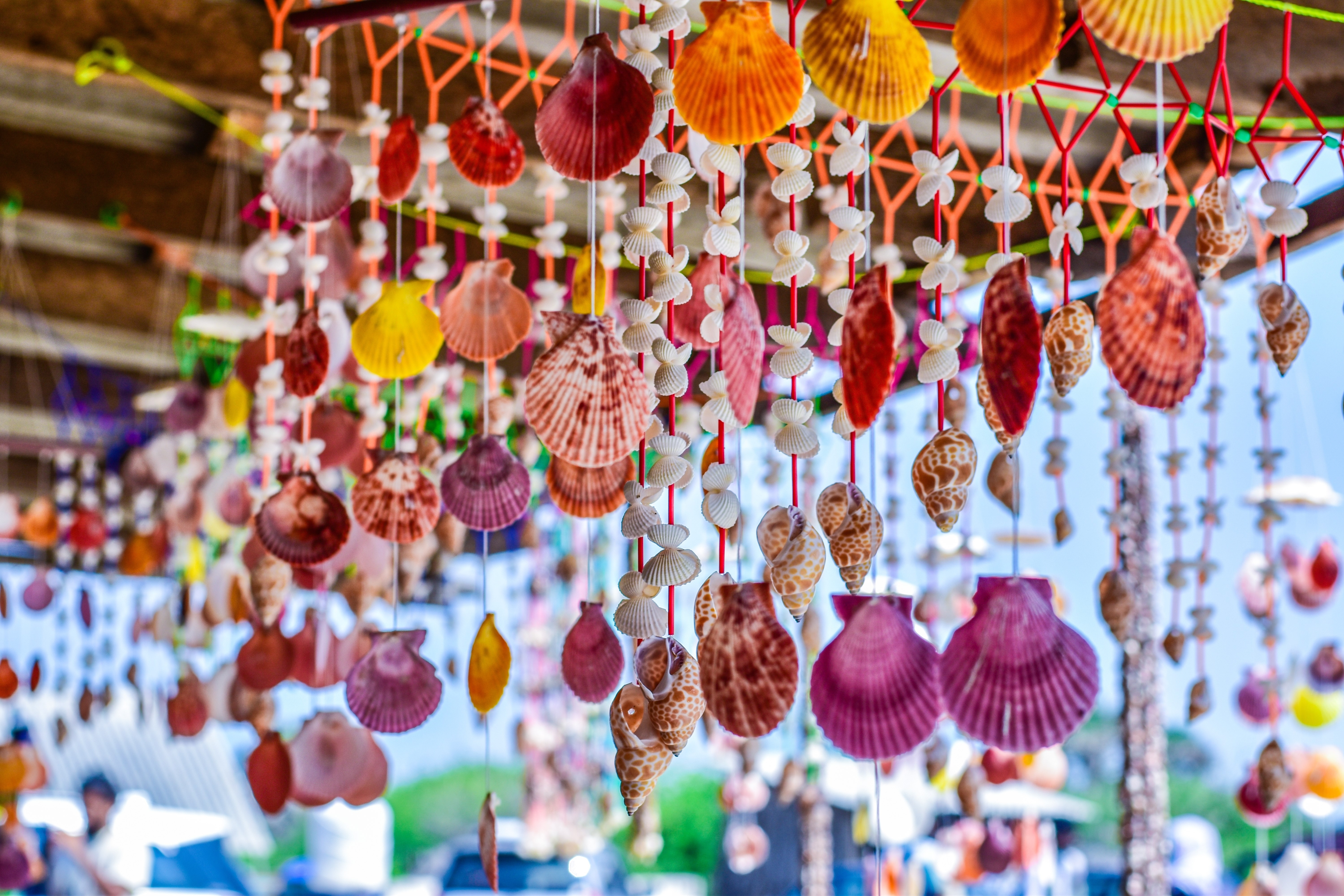 Handcrafted seashell hangings at a coastal stall showcase colorful traditional beach crafts.
