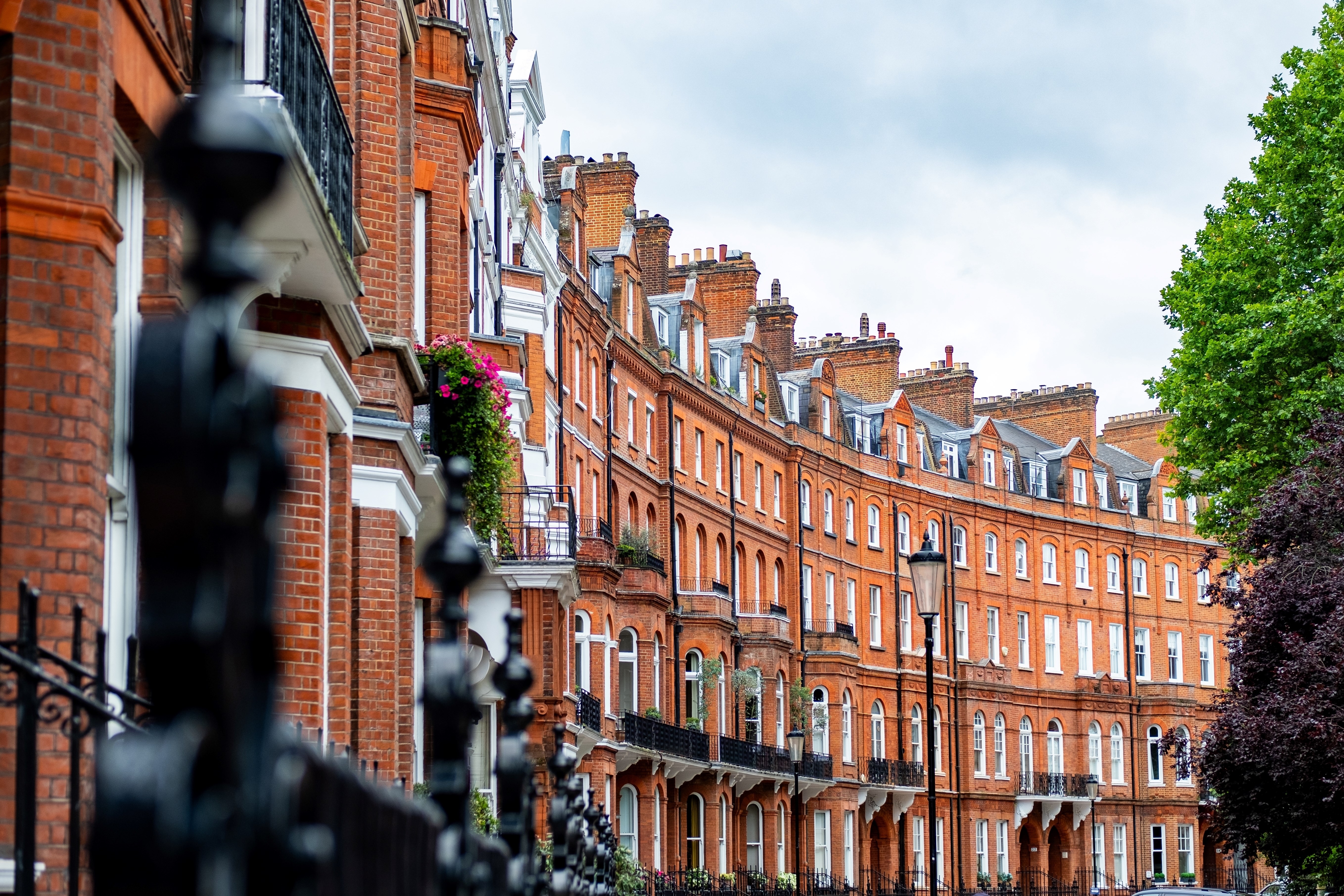 Upmarket London red brick mansion buildings in Knightsbridge area of Kensington and Chelsea