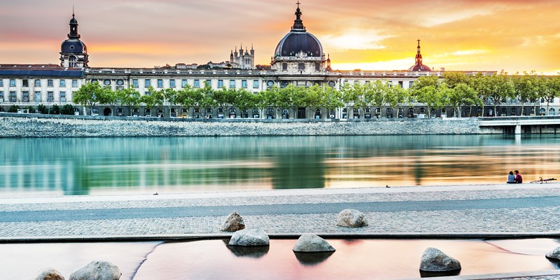 Night view from Rhone river in Lyon city