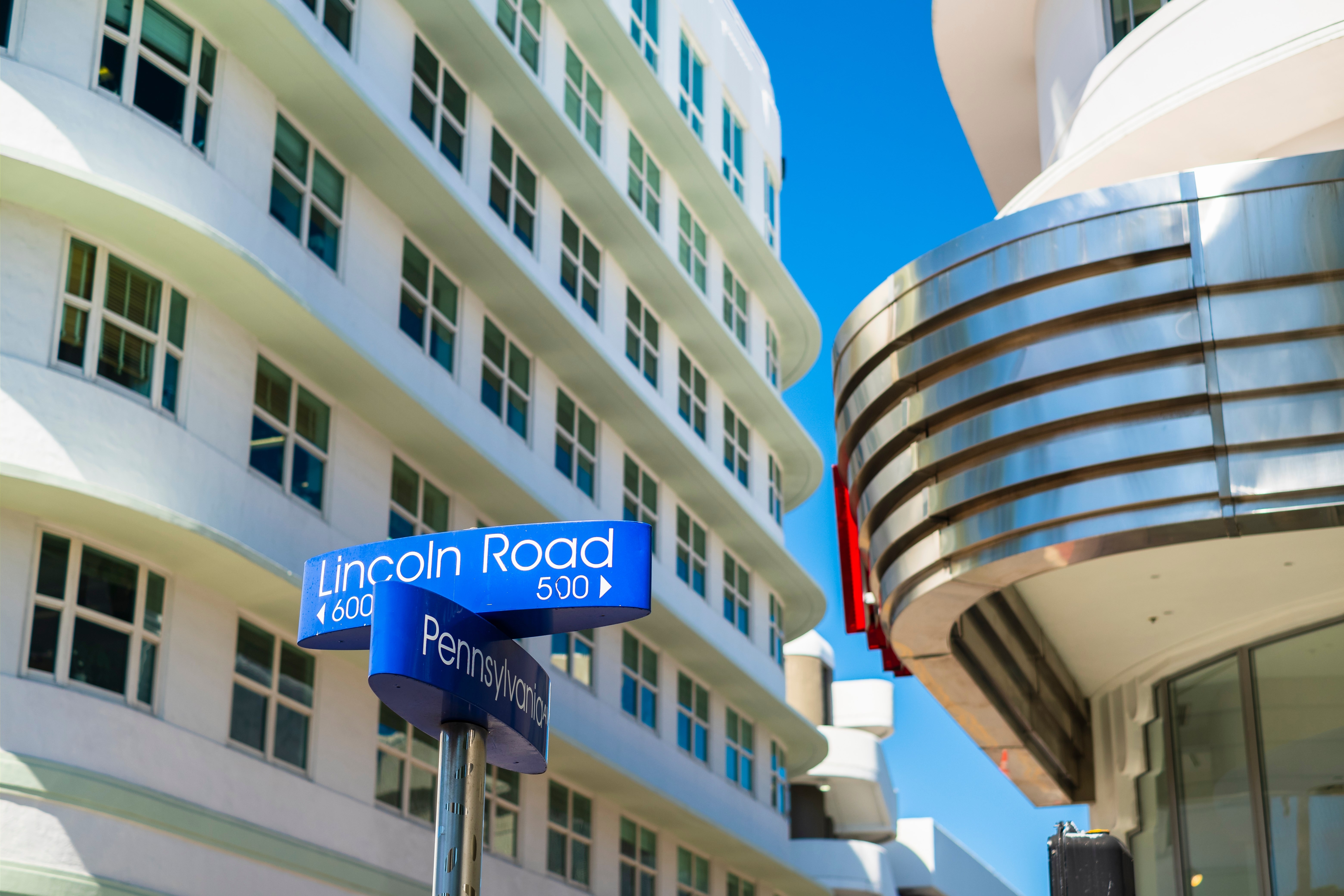 Miami Beach cityscape sign view along the popular Lincoln Road Mall