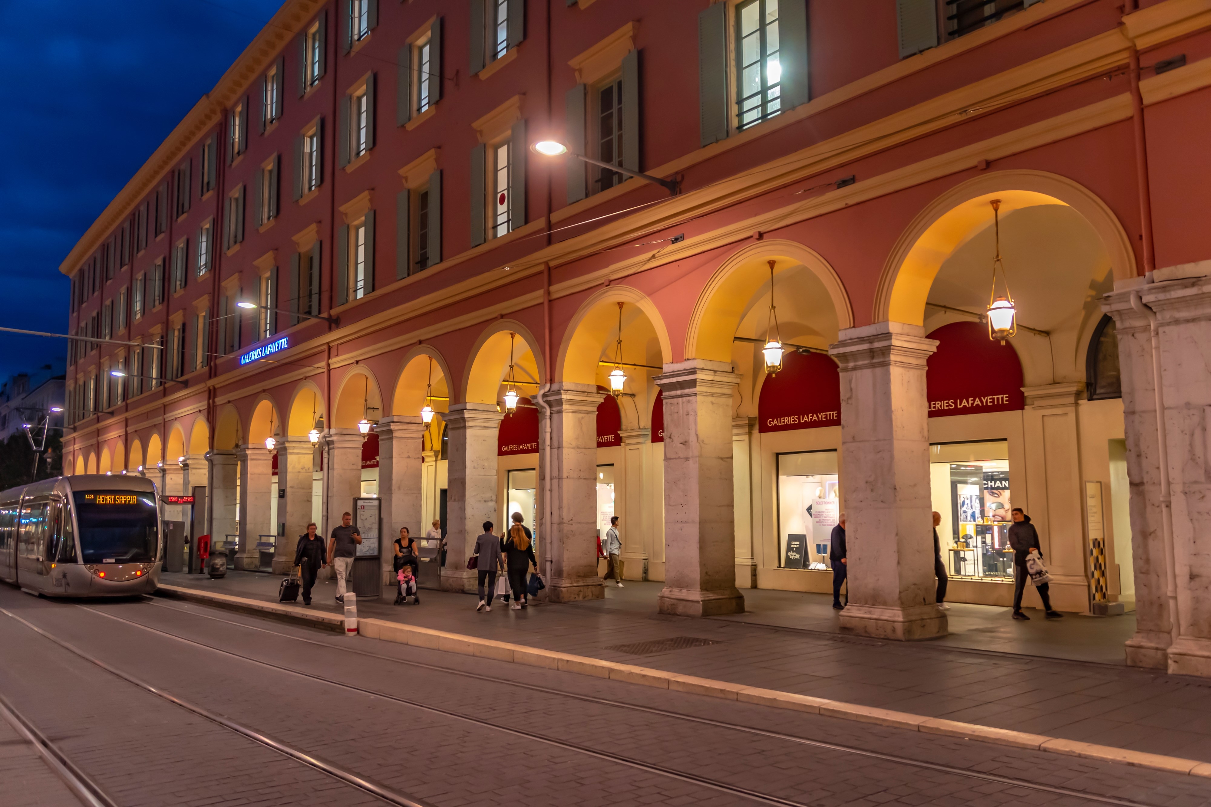 evening in Nice in front of the department store Galeries Lafayette