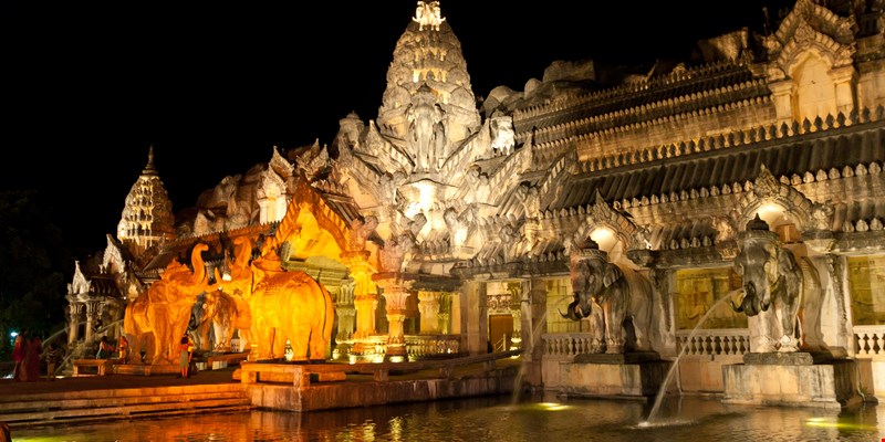 Main palace with elephant sculptures, in cultural theme park on the island of Phuket. Phuket FantaSea park