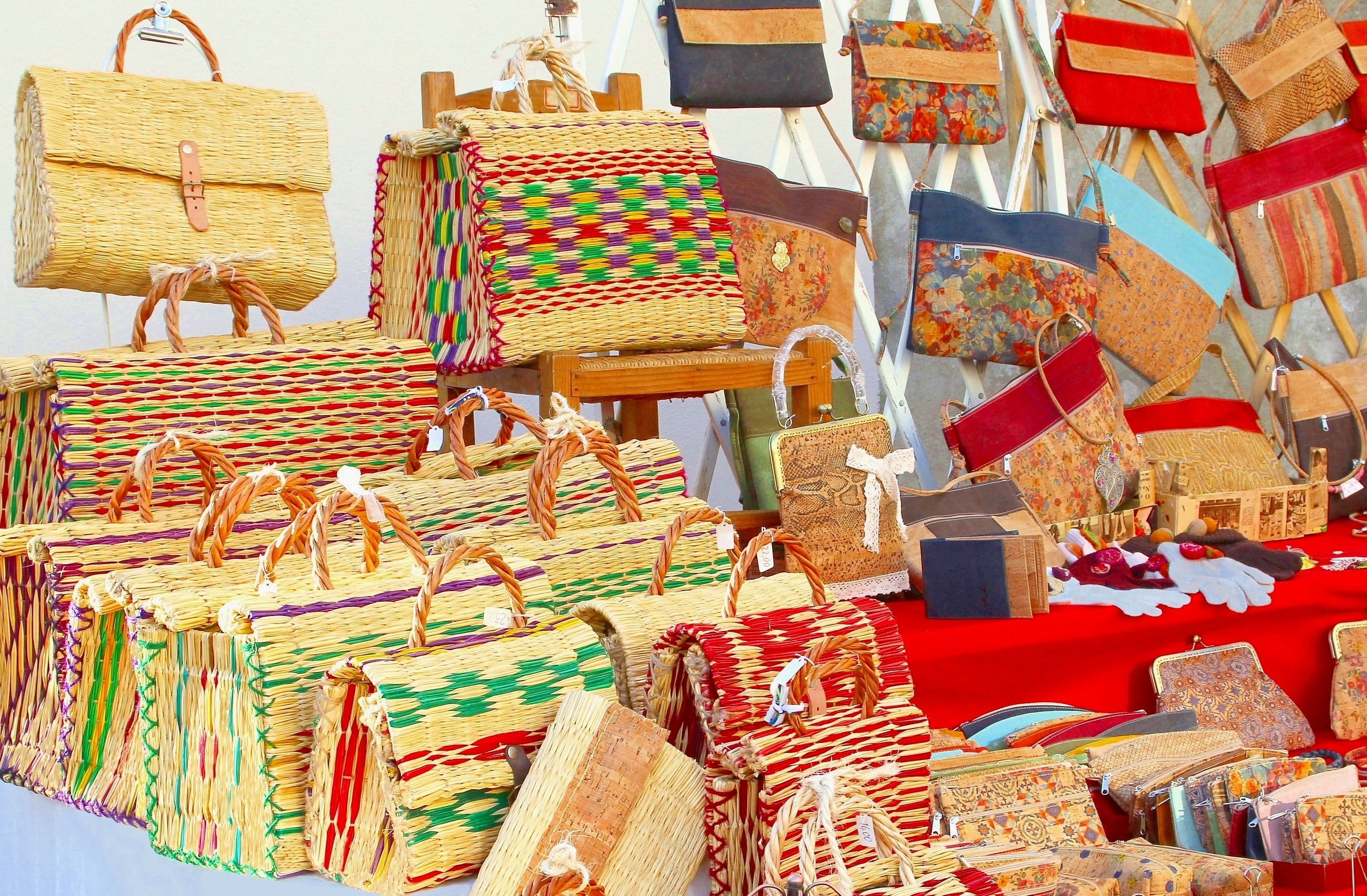 Colourful fashion handbags of different textures