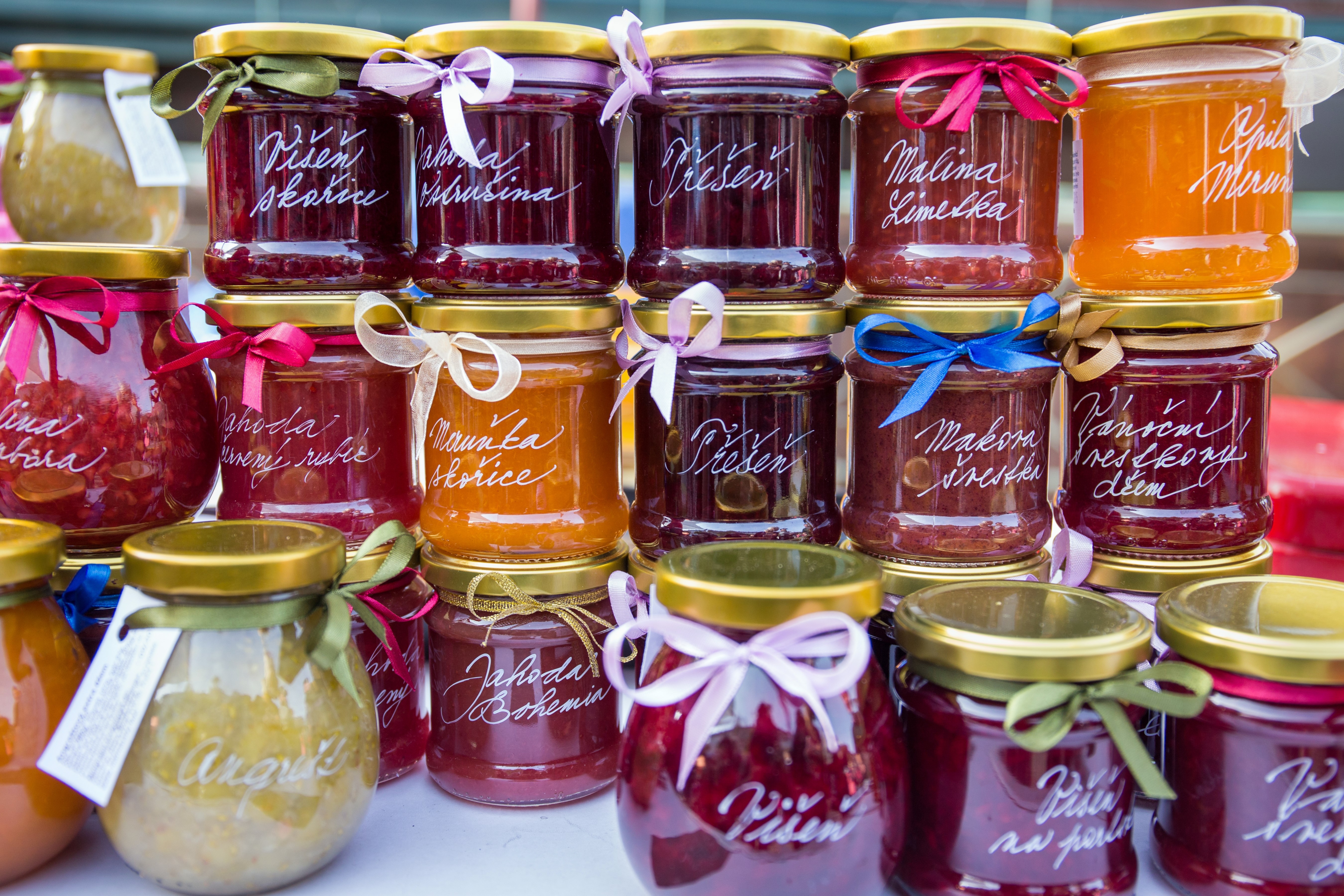 homemade jams on the farmers market in Prague, Czech Republic