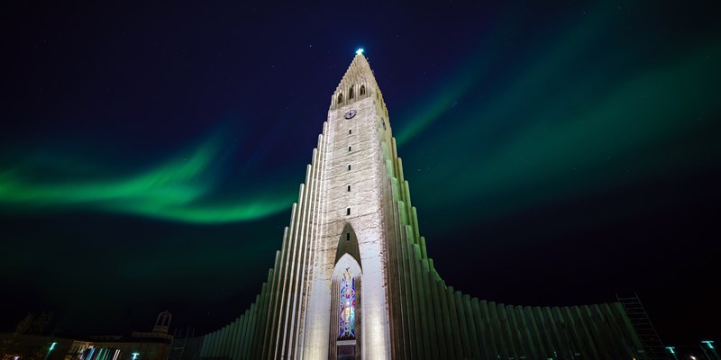 Reykjavik church under the northern lights