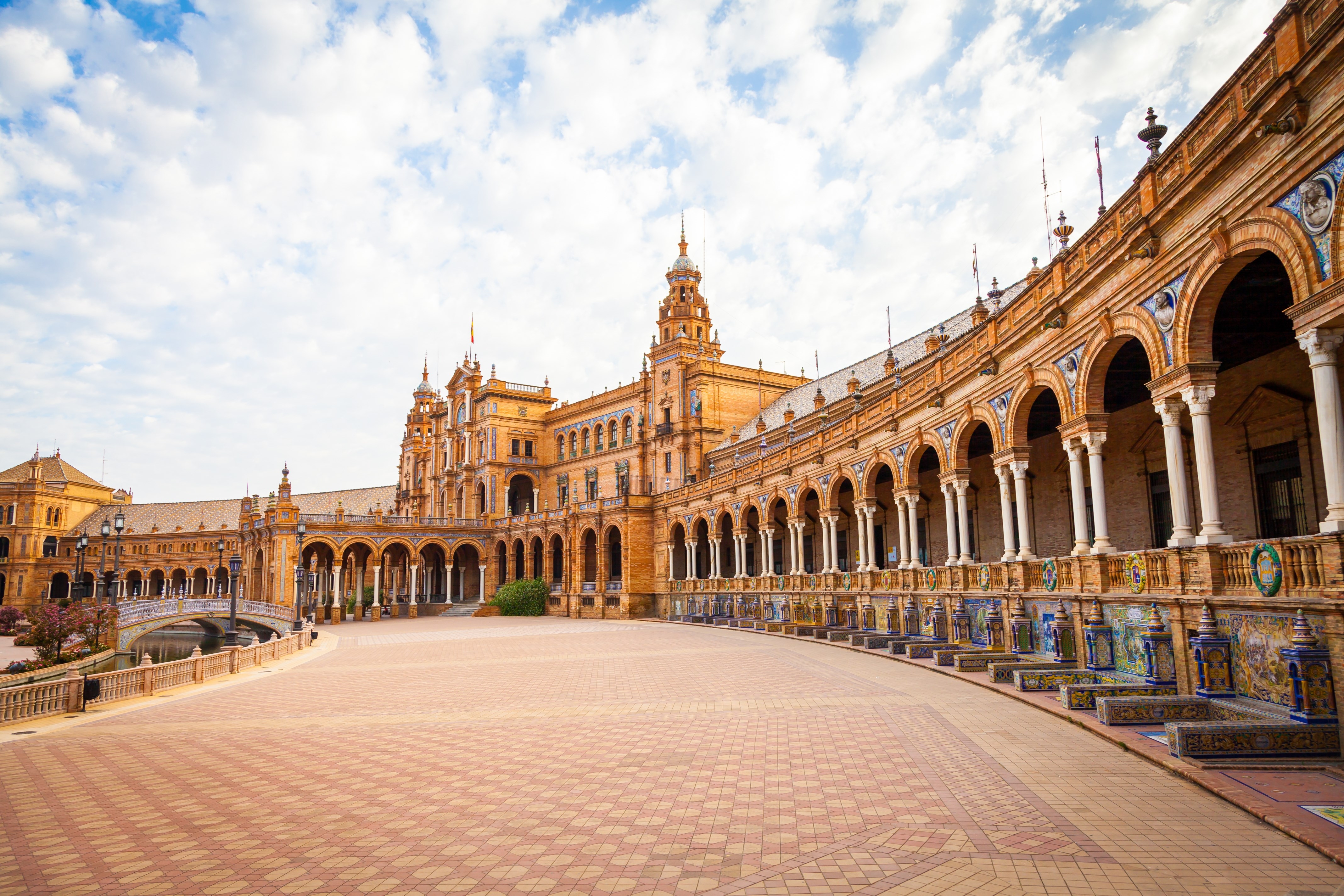 Spain, Seville. Spain Square, a landmark example of the Renaissance Revival style in Spanish architecture