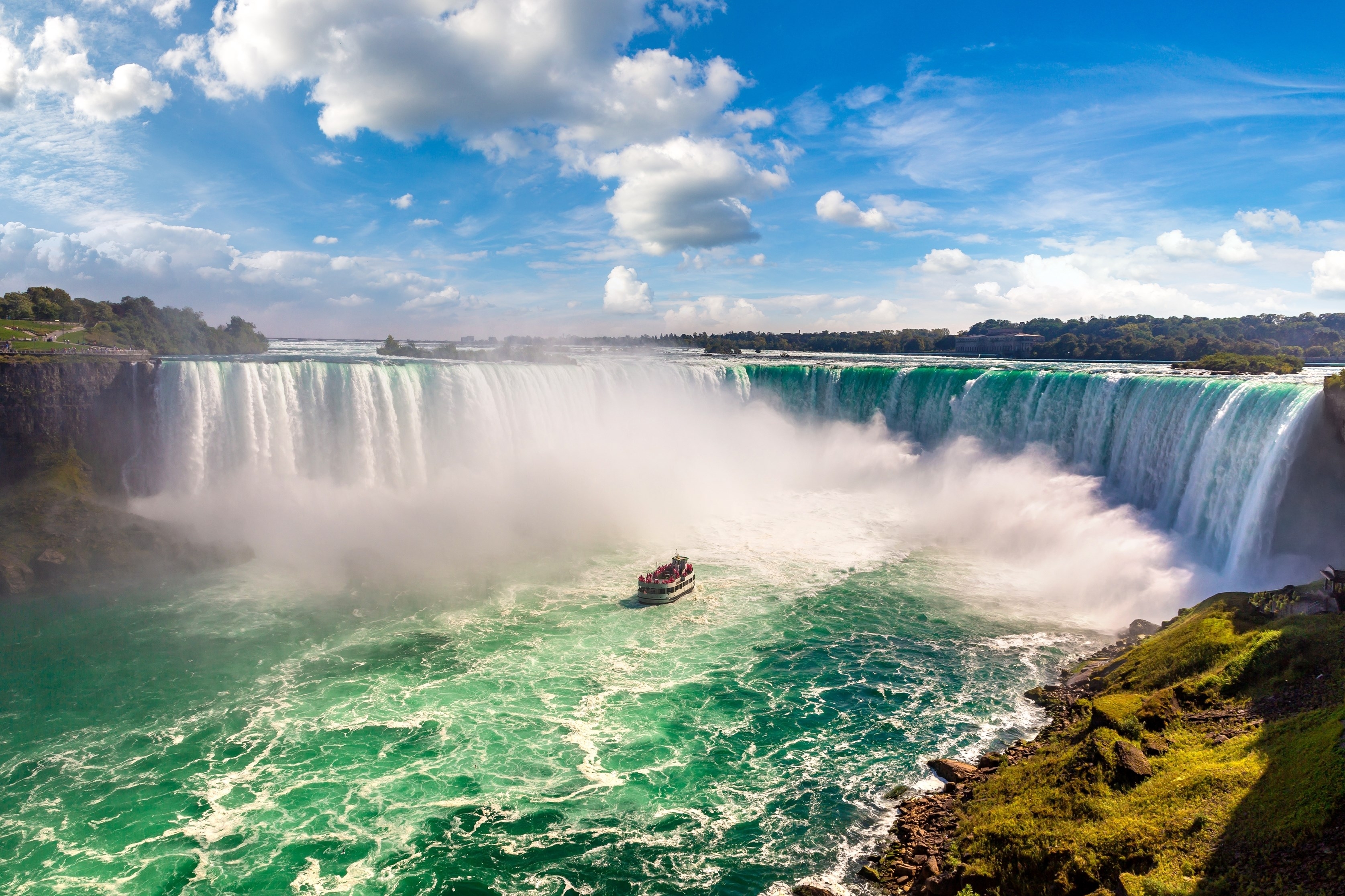 Canadian side view of Niagara Falls, Horseshoe Falls and boat tours in a sunny day in Niagara Falls, Ontario
