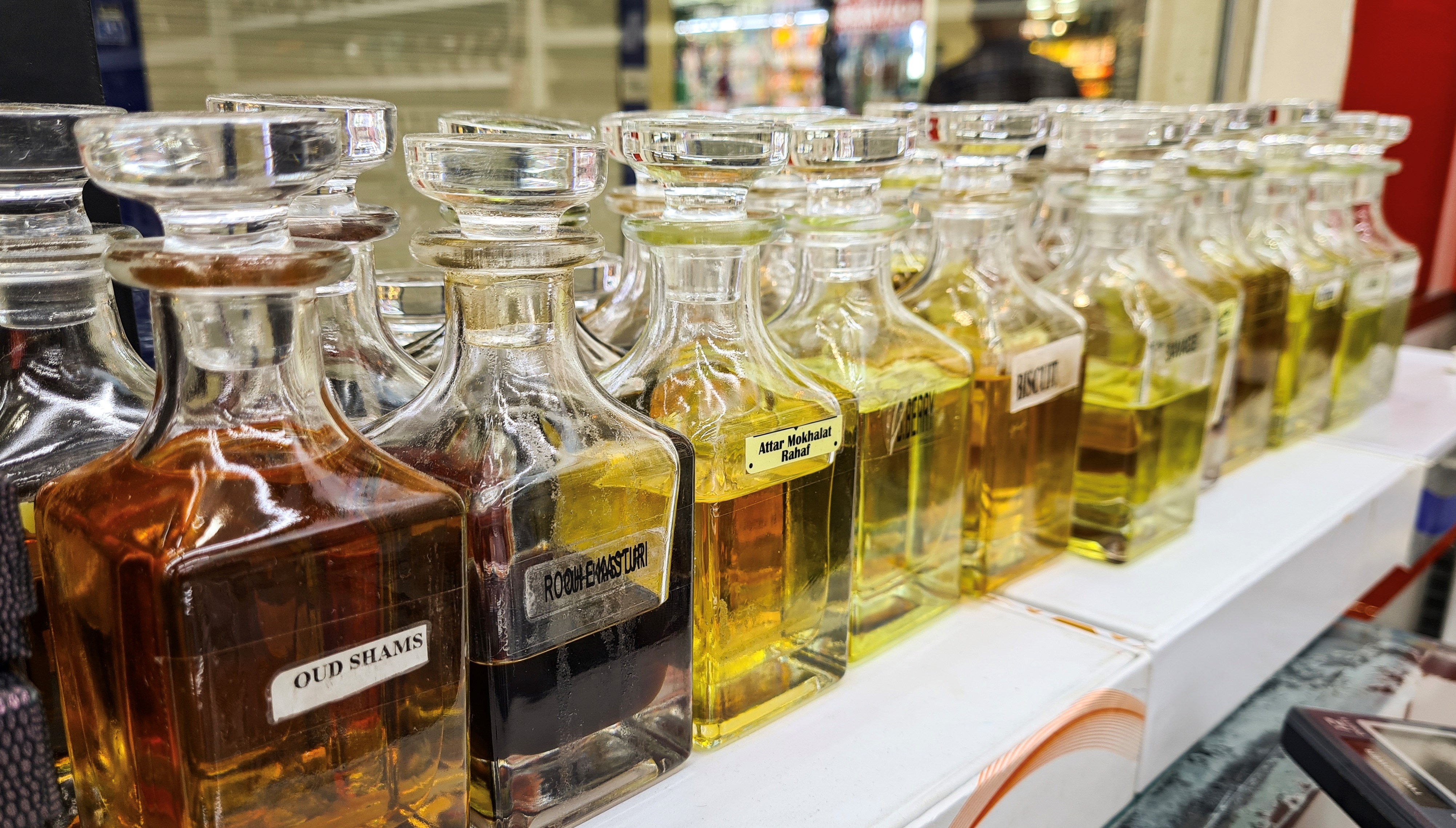 Glass perfume bottles based oils. A Bazaar, Arabic market. Aroma oils