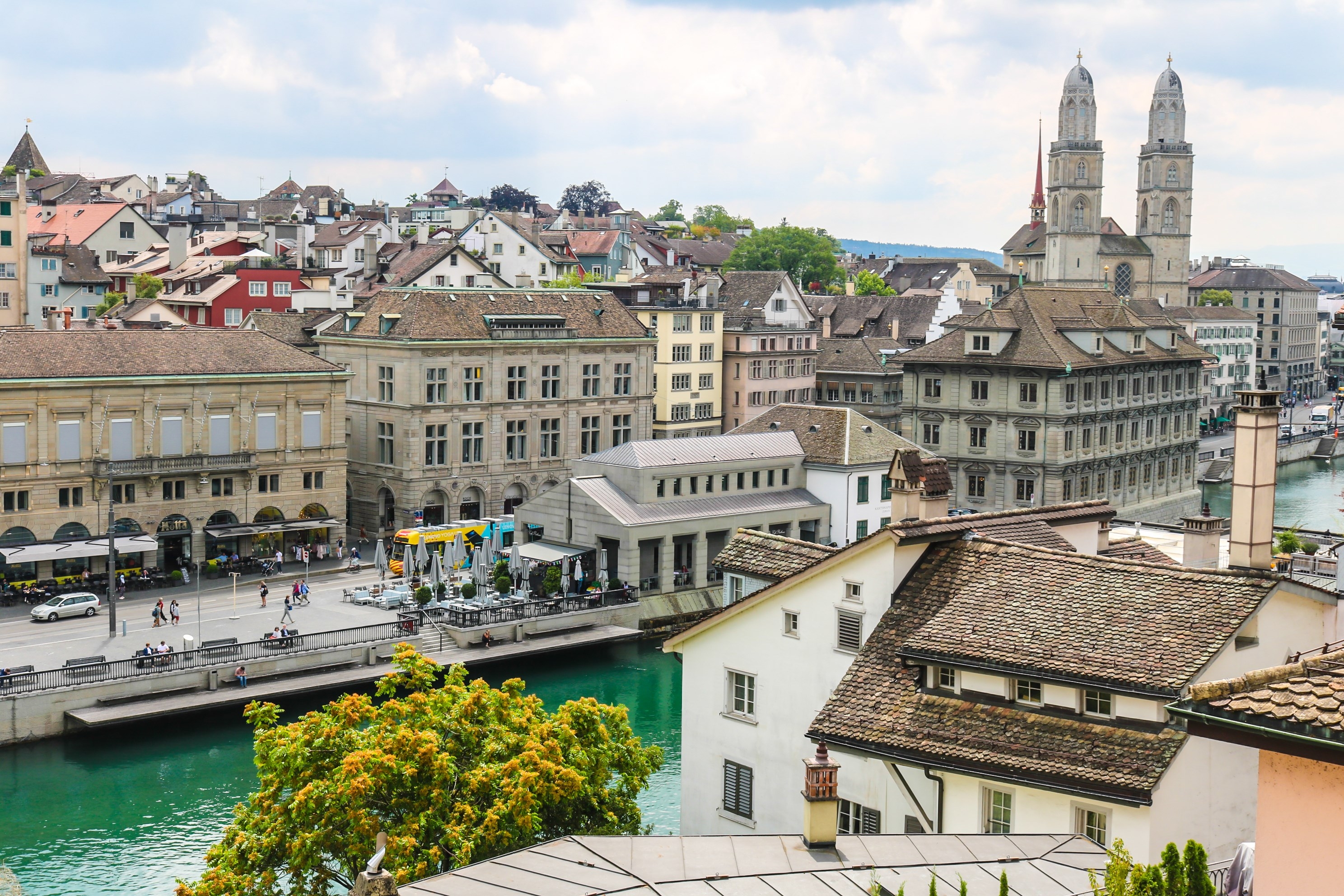 Panorama view of Zurich’s Old Town and the river Limmat from the Lindenhof Square