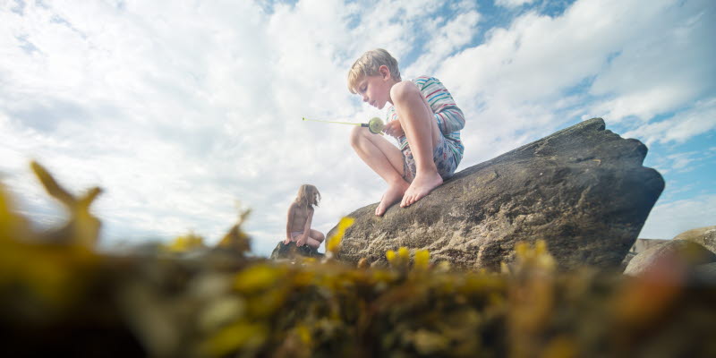 A boy and a girl sitting on stones near the water A boy and a girl sitting on stones near the water
