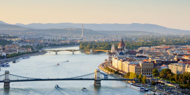 The town of Budapest showing the river and two bridges The town of Budapest showing the river and two bridges