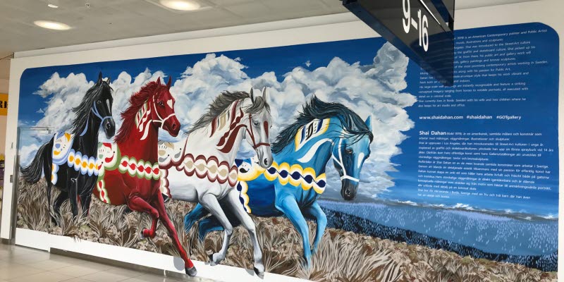 Mural painting representing Dalahorses on Landvetter Mural painting representing Dalahorses on Landvetter