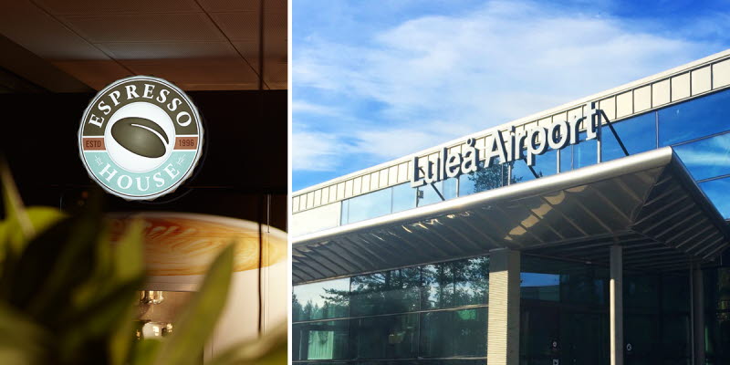 Collage: Espresso House log and facade image at Luleå Airport Collage: Espresso House log and facade image at Luleå Airport