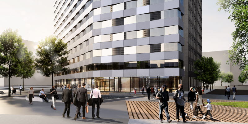 Sketch new hotel with trees and people Sketch new hotel with trees and people