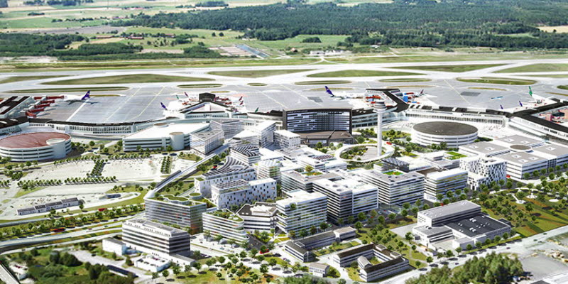 Illustration Arlanda's vision 2040 with new pier and office buildnings Illustration Arlanda's vision 2040 with new pier and office buildnings