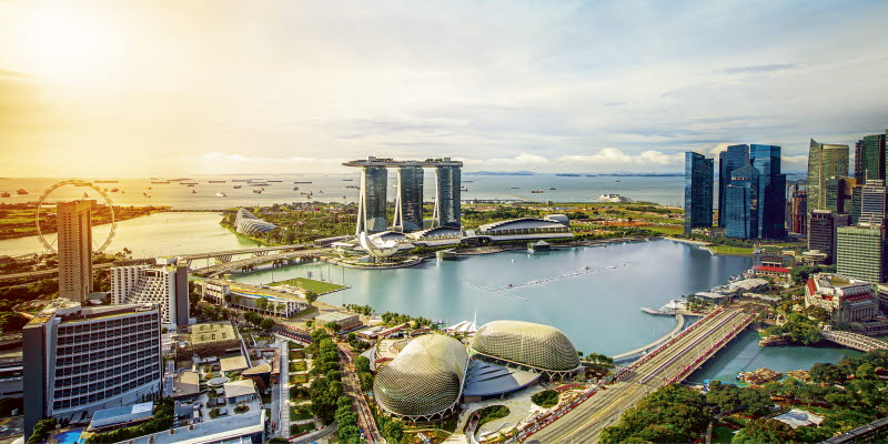 View over Singapore with water, bridge and skyscrapes View over Singapore with water, bridge and skyscrapes