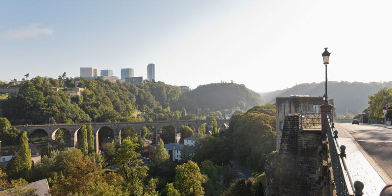 Luxemburg City, vue from Rue de Clausen Rocher du Bock to Passerellevue over Pfaffenthal valley. Luxemburg City, vue from Rue de Clausen Rocher du Bock to Passerellevue over Pfaffenthal valley.