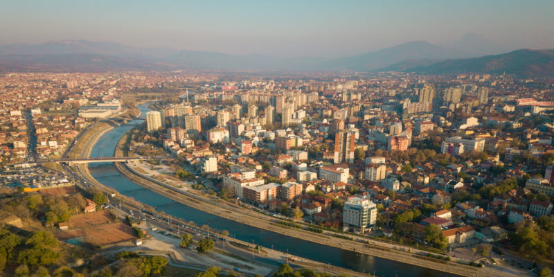View of the city of Nis with the river Nisava and buildings View of the city of Nis with the river Nisava and buildings